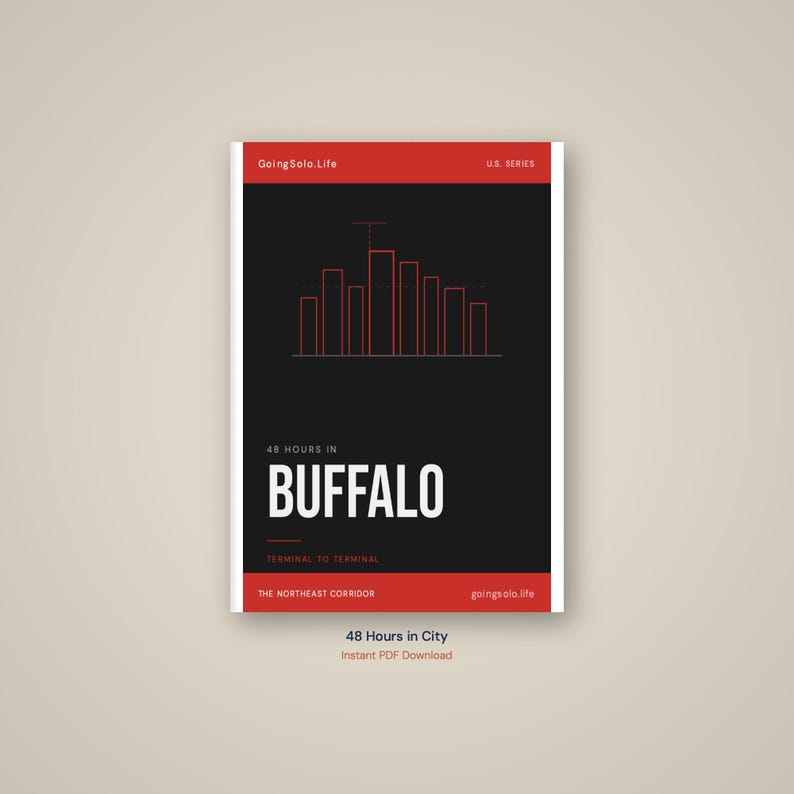 May include: A rectangular travel guide cover with a black centre and red top and bottom borders. The text reads GoingSolo.Life, U.S. Series, 48 Hours in Buffalo, Terminal to Terminal, and The Northeast Corridor. A red line drawing of a city skyline.