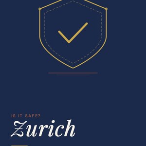 May include: A navy blue graphic with the text "Going Solo.Life" and "Safety Guide Series" at the top. The image features a gold shield with a checkmark, and the word "Zurich" in a cursive font. The text "Solo Traveler Safety Guide" is also included.