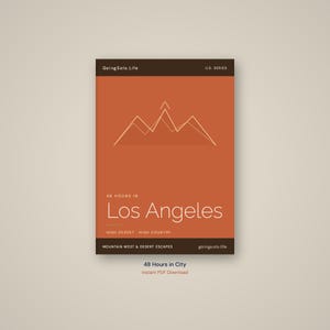 May include: A rectangular digital guide cover with a burnt orange background featuring a white line drawing of mountain peaks. The text reads GoingSolo.Life, U.S. Series, 48 Hours in Los Angeles, High Desert, High Country, and Mountain West & Desert Escapes.