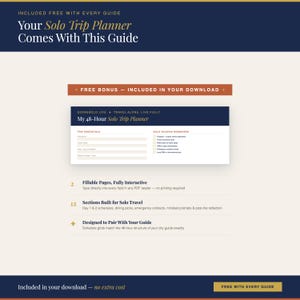 Puede incluir: Una gu&iacute;a digital titulada "Your Solo Trip Planner" con el texto "Comes With This Guide". La gu&iacute;a incluye una secci&oacute;n "My 48-Hour Solo Trip Planner", p&aacute;ginas rellenables y secciones dise&ntilde;adas para viajes en solitario. El dise&ntilde;o es en tonos azules y blancos.