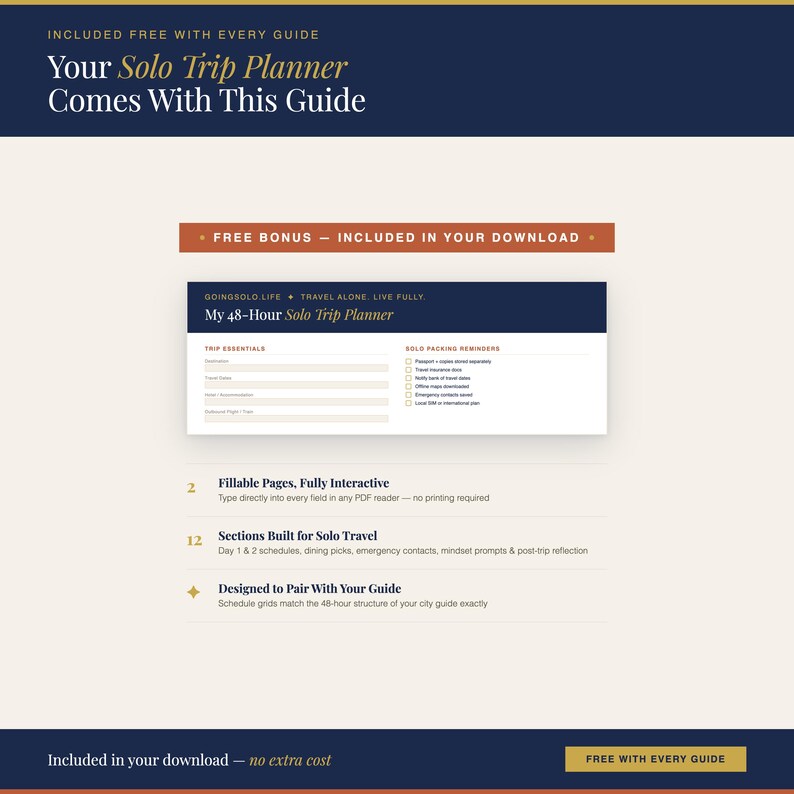 Puede incluir: Una gu&iacute;a digital titulada "Your Solo Trip Planner" con el texto "Comes With This Guide". La gu&iacute;a incluye una secci&oacute;n "My 48-Hour Solo Trip Planner", p&aacute;ginas rellenables y secciones dise&ntilde;adas para viajes en solitario. El dise&ntilde;o es en tonos azules y blancos.