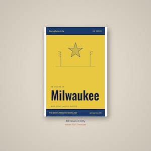 K&ouml;nnte beinhalten: Ein rechteckiges Reisef&uuml;hrer-Cover mit gelbem Hintergrund und dunkelblauen R&auml;ndern. Der Text lautet GoingSolo.Life, U.S. SERIES, 48 HOURS IN Milwaukee, WIDE OPEN DEEPLY ROOTED, THE GREAT AMERICAN HEARTLAND und goingsolo.life. Ein Sternsymbol ist mittig platziert.