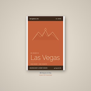 Op de afbeelding: Een rechthoekige reisgidsomslag getiteld 48 Hours in Las Vegas met een gebrande oranje achtergrond. Het bevat een dunne witte lijntekening van bergtoppen, de tekst U.S. Series, GoingSolo.Life, High Desert - High Country en Mountain West & Desert Escapes.