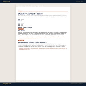 May include: A travel itinerary page titled "DAY ONE" with the heading "Duomo &bull; Navigli &bull; Brera." The text describes a morning at The Duomo and an afternoon at Piazza del Duomo & Galleria Vittorio Emanuele II.