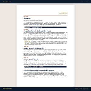 May include: A white informational travel itinerary page titled Day One, featuring a detailed schedule for Venice, Italy. The text outlines morning and afternoon activities, including visits to Piazza San Marco, the Doge's Palace, and local dining.