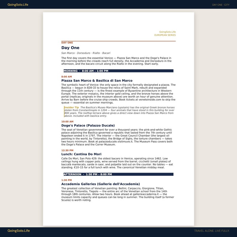 May include: A white informational travel itinerary page titled Day One, featuring a detailed schedule for Venice, Italy. The text outlines morning and afternoon activities, including visits to Piazza San Marco, the Doge's Palace, and local dining.