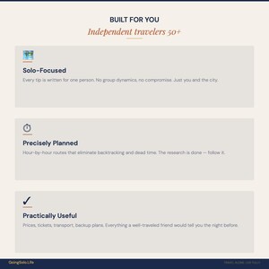 Op de afbeelding: Een cr&egrave;mekleurige afbeelding met de tekst "BUILT FOR YOU" en "Independent travelers 50+". Hieronder drie secties: "Solo-Focused", "Precisely Planned" en "Practically Useful". De website GoingSolo.Life staat onderaan.