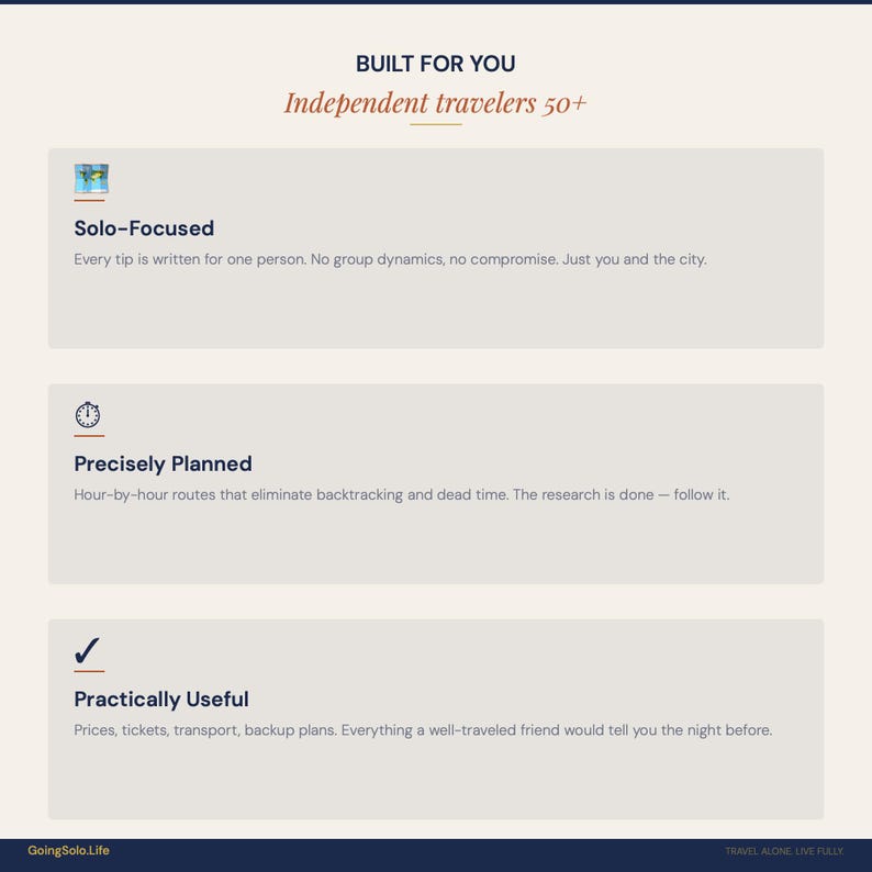 Op de afbeelding: Een cr&egrave;mekleurige afbeelding met de tekst "BUILT FOR YOU" en "Independent travelers 50+". Hieronder drie secties: "Solo-Focused", "Precisely Planned" en "Practically Useful". De website GoingSolo.Life staat onderaan.