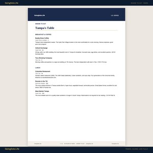 Puede incluir: Un documento blanco titulado GoingSolo.Life U.S. Series que presenta una lista seleccionada de restaurantes en Tampa. El texto incluye secciones para desayuno, caf&eacute; y almuerzo, enumerando establecimientos como Buddy Brew Coffee, Oxford Exchange y Columbia Restaurant con breves descripciones y ubicaciones.