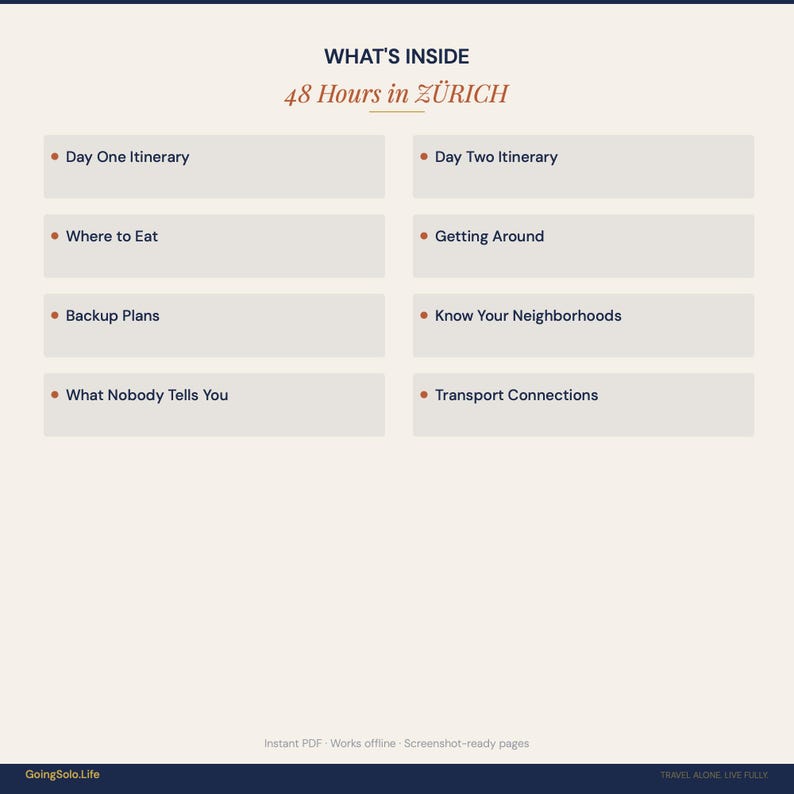 May include: A digital guide titled "What's Inside 48 Hours in Z&uuml;rich" with a list of topics including itineraries, dining, and transport. The text is in a serif font on a cream background with a dark blue footer.