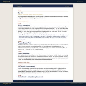 May include: A white informational travel itinerary document titled Day One from the GoingSolo.Life U.S. Series. The text outlines a schedule for Los Angeles, including Griffith Observatory, Runyon Canyon Park, Lunch at Republique, and The Original Farmers Market.