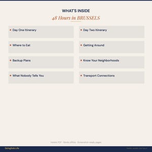 May include: A digital travel guide titled "48 Hours in Brussels" with a cream background. The guide's contents are listed in rectangular boxes with orange bullet points. Topics include itineraries, dining, and transport.