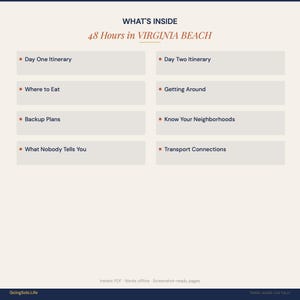 May include: A digital guide titled "48 Hours in Virginia Beach" with a list of topics including itineraries, dining, and transport. The guide is on a cream background with dark blue and orange text. The website GoingSolo.Life is at the bottom.