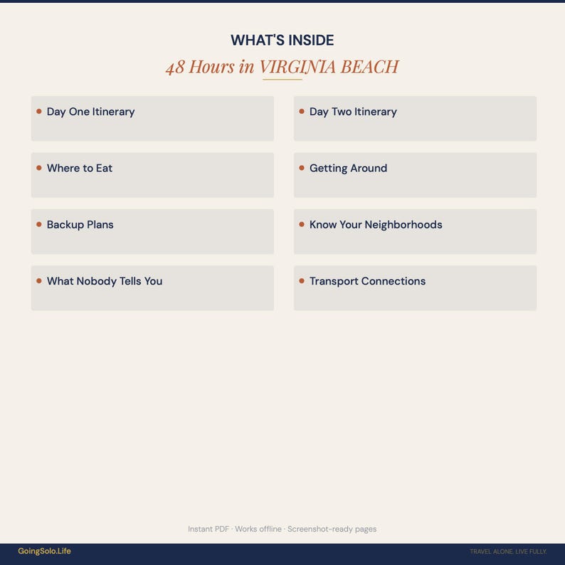 May include: A digital guide titled "48 Hours in Virginia Beach" with a list of topics including itineraries, dining, and transport. The guide is on a cream background with dark blue and orange text. The website GoingSolo.Life is at the bottom.