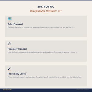 May include: A beige informational graphic titled BUILT FOR YOU Independent travellers 50+ with three sections: Solo-Focused, Precisely Planned, and Practically Useful. Each section includes an icon, a bold heading, and descriptive text about travel.