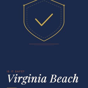 May include: A navy blue graphic with the text "Going Solo.Life" and "Safety Guide Series" at the top. The image features a gold shield with a checkmark, and the words "Virginia Beach" in white. The text "Solo Traveler Safety Guide" is also included.