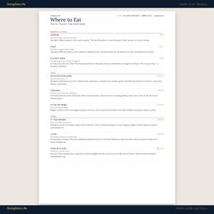 May include: A white page titled "Where to Eat" with a list of restaurants in Brussels. The guide is titled "The No-Tourist-Trap Food Guide" and includes categories like "Breakfast & Coffee" and "Dinner."