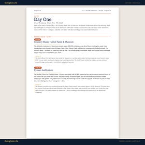 Puede incluir: Una p&aacute;gina web titulada "Day One" de GoingSolo.Life, que detalla un itinerario de Nashville. Incluye informaci&oacute;n sobre el Country Music Hall of Fame & Museum y el Ryman Auditorium. La p&aacute;gina presenta texto sobre un fondo beige claro.