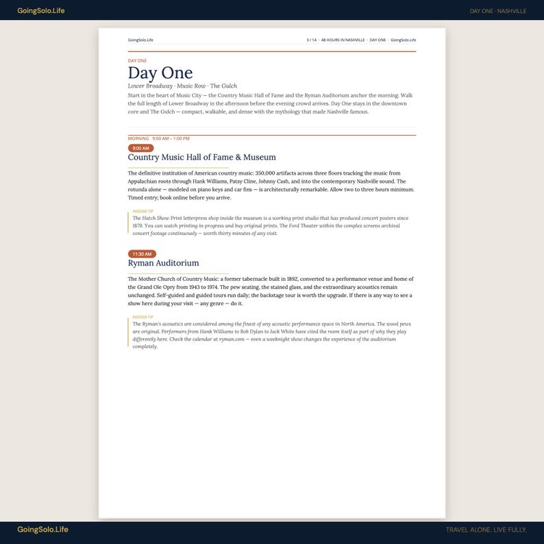 Puede incluir: Una p&aacute;gina web titulada "Day One" de GoingSolo.Life, que detalla un itinerario de Nashville. Incluye informaci&oacute;n sobre el Country Music Hall of Fame & Museum y el Ryman Auditorium. La p&aacute;gina presenta texto sobre un fondo beige claro.