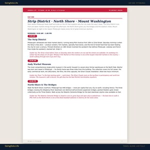 Puede incluir: P&aacute;gina de gu&iacute;a de viaje "D&iacute;a Uno: Pittsburgh" con secciones sobre Strip District, North Shore y Mount Washington. Incluye informaci&oacute;n sobre atracciones locales, museos y puentes. La p&aacute;gina tiene un esquema de color rojo y blanco.