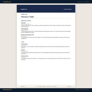 May include: A white document titled Florence's Table from the GoingSolo.Life European Series. It lists breakfast, coffee, and lunch recommendations in Florence, Italy, including Caff&egrave; Gilli, Ditta Artigianale, Mercato Centrale, Trattoria Mario, Nerbone, and All'Antico Vinaio.