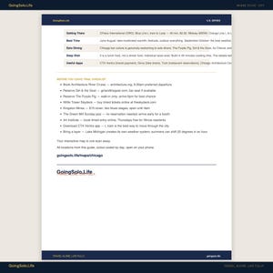 Op de afbeelding: Een wit informatiedocument getiteld GoingSolo.Life U.S. Series met een reisgids voor Chicago. Het bevat een tabel met categorie&euml;n zoals Getting There, Best Time en Solo Dining, gevolgd door een checklist met activiteiten en de URL goingsolo.life/maps/chicago.