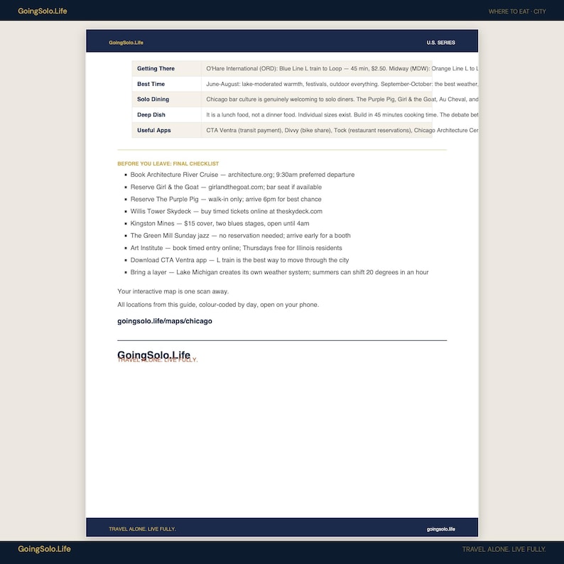 Op de afbeelding: Een wit informatiedocument getiteld GoingSolo.Life U.S. Series met een reisgids voor Chicago. Het bevat een tabel met categorie&euml;n zoals Getting There, Best Time en Solo Dining, gevolgd door een checklist met activiteiten en de URL goingsolo.life/maps/chicago.