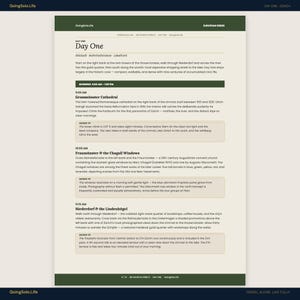 May include: A travel guide page titled "Day One" from GoingSolo.Life, featuring text about Zurich, Switzerland. The page has a green and white color scheme with detailed information about the city's attractions, including Grossm&uuml;nster Cathedral.