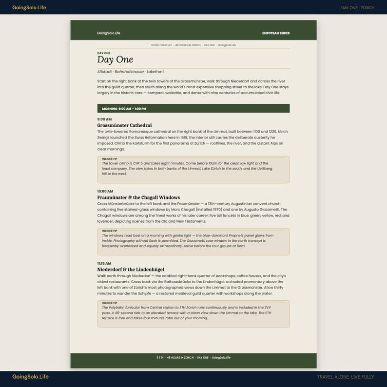 May include: A travel guide page titled "Day One" from GoingSolo.Life, featuring text about Zurich, Switzerland. The page has a green and white color scheme with detailed information about the city's attractions, including Grossm&uuml;nster Cathedral.