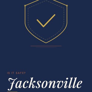 Pu&ograve; includere: Una guida informativa blu scuro intitolata GoingSolo.Life Safety Guide Series. Il centro presenta un'icona a forma di scudo dorato con un segno di spunta. Il testo recita: IS IT SAFE? Jacksonville, SOLO TRAVELER SAFETY GUIDE, TRAVEL ALONE. LIVE FULLY. goingsolo.life.