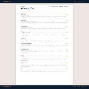 Puede incluir: Una gu&iacute;a beige y blanca titulada "Where to Eat" con una lista de restaurantes de Nashville. La gu&iacute;a incluye nombres de restaurantes, direcciones y breves descripciones. El logotipo de GoingSolo.Life est&aacute; en la parte superior de la p&aacute;gina.