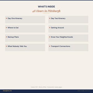 Puede incluir: Una gu&iacute;a digital titulada "48 Hours in Pittsburgh" con fondo crema. La gu&iacute;a enumera temas como "Day One Itinerary", "Where to Eat" y "Backup Plans". El texto est&aacute; en una fuente serif con vi&ntilde;etas naranjas.