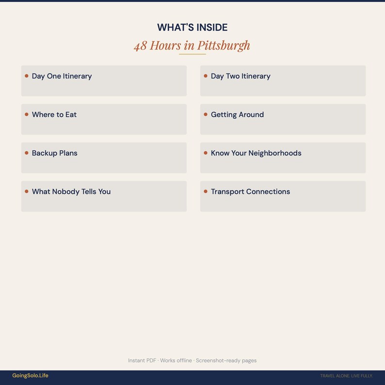 Puede incluir: Una gu&iacute;a digital titulada "48 Hours in Pittsburgh" con fondo crema. La gu&iacute;a enumera temas como "Day One Itinerary", "Where to Eat" y "Backup Plans". El texto est&aacute; en una fuente serif con vi&ntilde;etas naranjas.