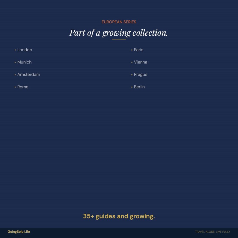May include: Dark blue graphic with text that reads "EUROPEAN SERIES" and "Part of a growing collection." Lists cities: London, Munich, Amsterdam, Rome, Paris, Vienna, Prague, and Berlin. The text "35+ guides and growing" is also present.