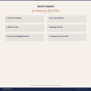 May include: A digital document titled WHAT'S INSIDE 48 Hours in ATLANTA. It lists six sections: Day One Itinerary, Day Two Itinerary, Where to Eat, Getting Around, Know Your Neighborhoods, and Transport Connections. The footer reads GoingSolo.Life.