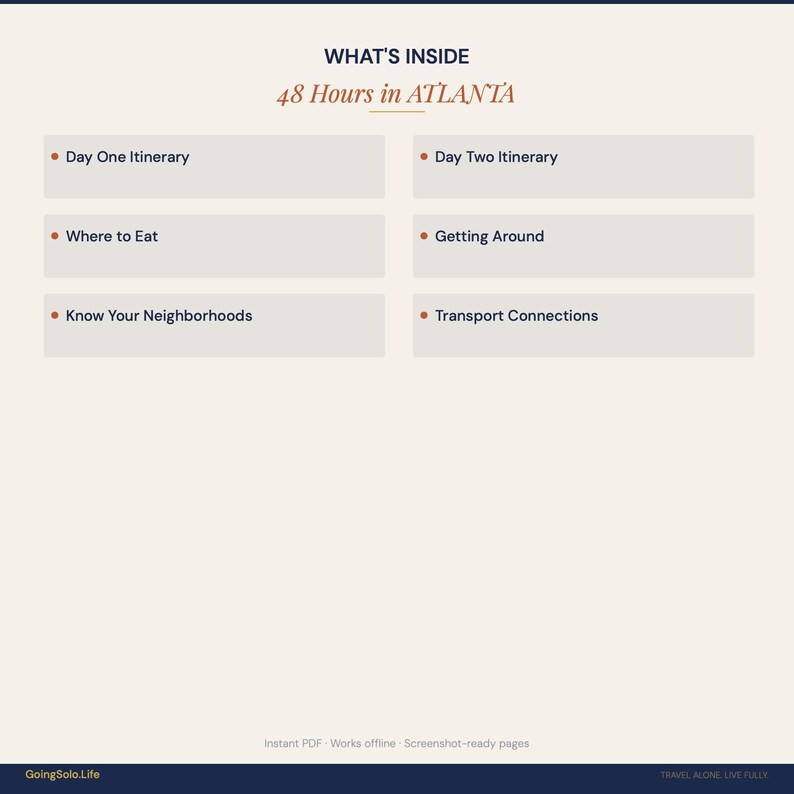 May include: A digital document titled WHAT'S INSIDE 48 Hours in ATLANTA. It lists six sections: Day One Itinerary, Day Two Itinerary, Where to Eat, Getting Around, Know Your Neighborhoods, and Transport Connections. The footer reads GoingSolo.Life.