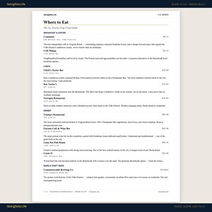 May include: A white page titled "Where to Eat" with a list of restaurants in Virginia Beach, including Commune, Cafe Mango, and Chick's Oyster Bar. The guide is part of the "U.S. Series."
