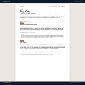 Puede incluir: Una p&aacute;gina web de GoingSolo.Life con un itinerario de Memphis. El texto describe el Museo Nacional de los Derechos Civiles y Sun Studio, con informaci&oacute;n sobre eventos hist&oacute;ricos y figuras notables.