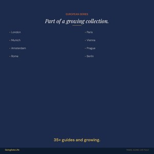 May include: Dark blue graphic with text: "EUROPEAN SERIES" and "Part of a growing collection." Lists cities: London, Munich, Amsterdam, Rome, Paris, Vienna, Prague, Berlin. Text: "35+ guides and growing."
