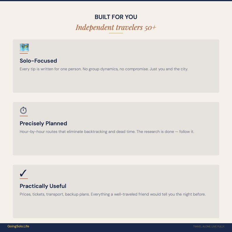 May include: A cream-colored graphic with text that reads "BUILT FOR YOU" and "Independent travelers 50+". Below are three sections: "Solo-Focused", "Precisely Planned", and "Practically Useful". The website GoingSolo.Life is at the bottom.