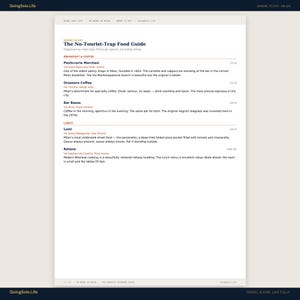 May include: A webpage titled "The No-Tourist-Trap Food Guide" with text about Milanese restaurants. The page includes sections for breakfast, coffee, and lunch, with descriptions of each establishment. The website's name, GoingSolo.Life, is at the bottom.