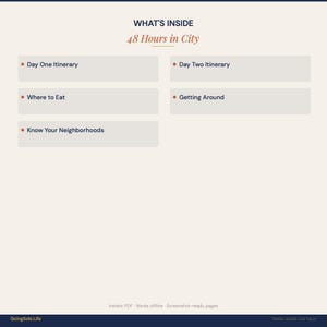 May include: A digital document titled WHAT'S INSIDE 48 Hours in City. It lists five sections: Day One Itinerary, Day Two Itinerary, Where to Eat, Getting Around, and Know Your Neighborhoods. The bottom text reads Instant PDF Works offline Screenshot-ready pages.