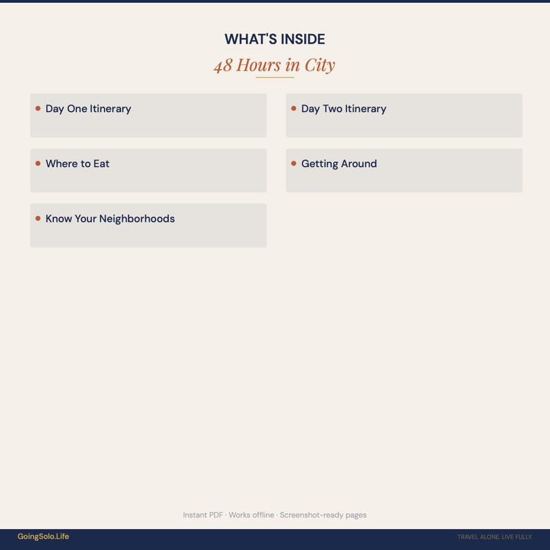 May include: A digital document titled WHAT'S INSIDE 48 Hours in City. It lists five sections: Day One Itinerary, Day Two Itinerary, Where to Eat, Getting Around, and Know Your Neighborhoods. The bottom text reads Instant PDF Works offline Screenshot-ready pages.