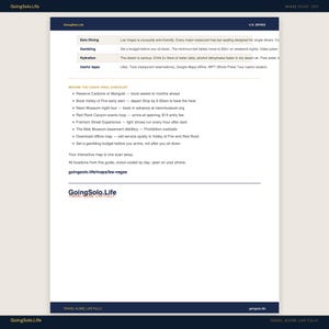 Op de afbeelding: Een wit informatiedocument getiteld GoingSolo.Life U.S. Series met een tabel met categorie&euml;n voor solo dineren, gokken, hydratatie en apps, gevolgd door een checklist voor Las Vegas en de website goingsolo.life/maps/las-vegas.