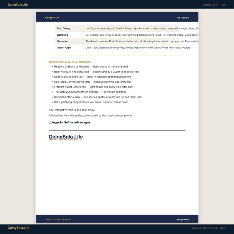 Op de afbeelding: Een wit informatiedocument getiteld GoingSolo.Life U.S. Series met een tabel met categorie&euml;n voor solo dineren, gokken, hydratatie en apps, gevolgd door een checklist voor Las Vegas en de website goingsolo.life/maps/las-vegas.