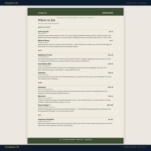 May include: A webpage titled "Where to Eat" with a dark green header and a list of restaurants in Salzburg, Austria. The page includes details about each establishment, such as Cafe Tomaselli and Stiftskeller St. Peter.