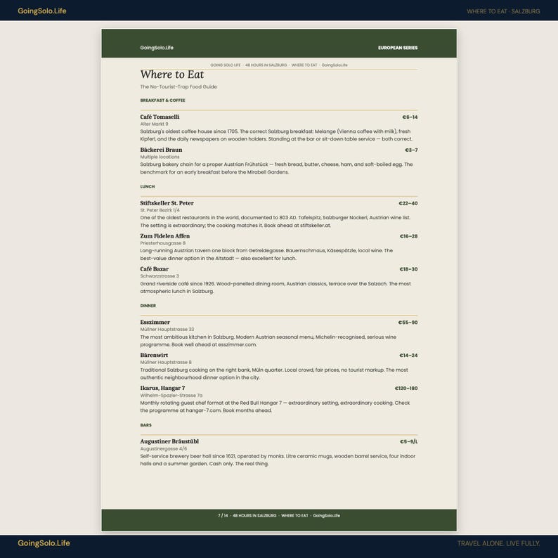 May include: A webpage titled "Where to Eat" with a dark green header and a list of restaurants in Salzburg, Austria. The page includes details about each establishment, such as Cafe Tomaselli and Stiftskeller St. Peter.