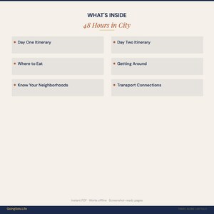 May include: A digital document titled WHAT'S INSIDE 48 Hours in City. It lists six sections: Day One Itinerary, Day Two Itinerary, Where to Eat, Getting Around, Know Your Neighborhoods, and Transport Connections. The footer includes GoingSolo.Life.
