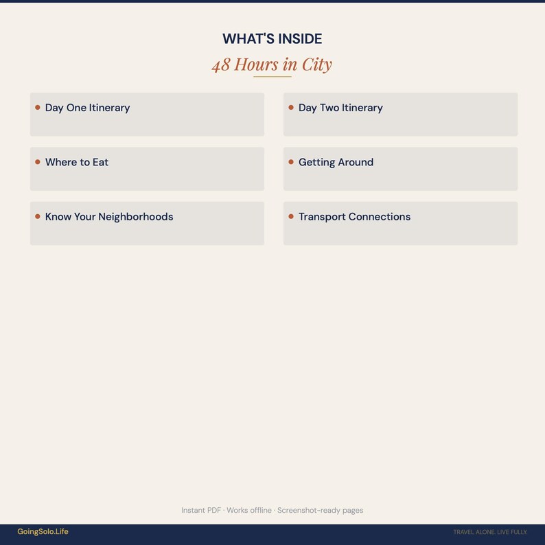 May include: A digital document titled WHAT'S INSIDE 48 Hours in City. It lists six sections: Day One Itinerary, Day Two Itinerary, Where to Eat, Getting Around, Know Your Neighborhoods, and Transport Connections. The footer includes GoingSolo.Life.