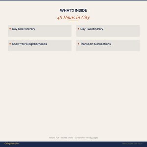 May include: A digital document titled "48 Hours in City" with a cream background. The text "What's Inside" is above four bullet points: Day One Itinerary, Day Two Itinerary, Know Your Neighborhoods, and Transport Connections.